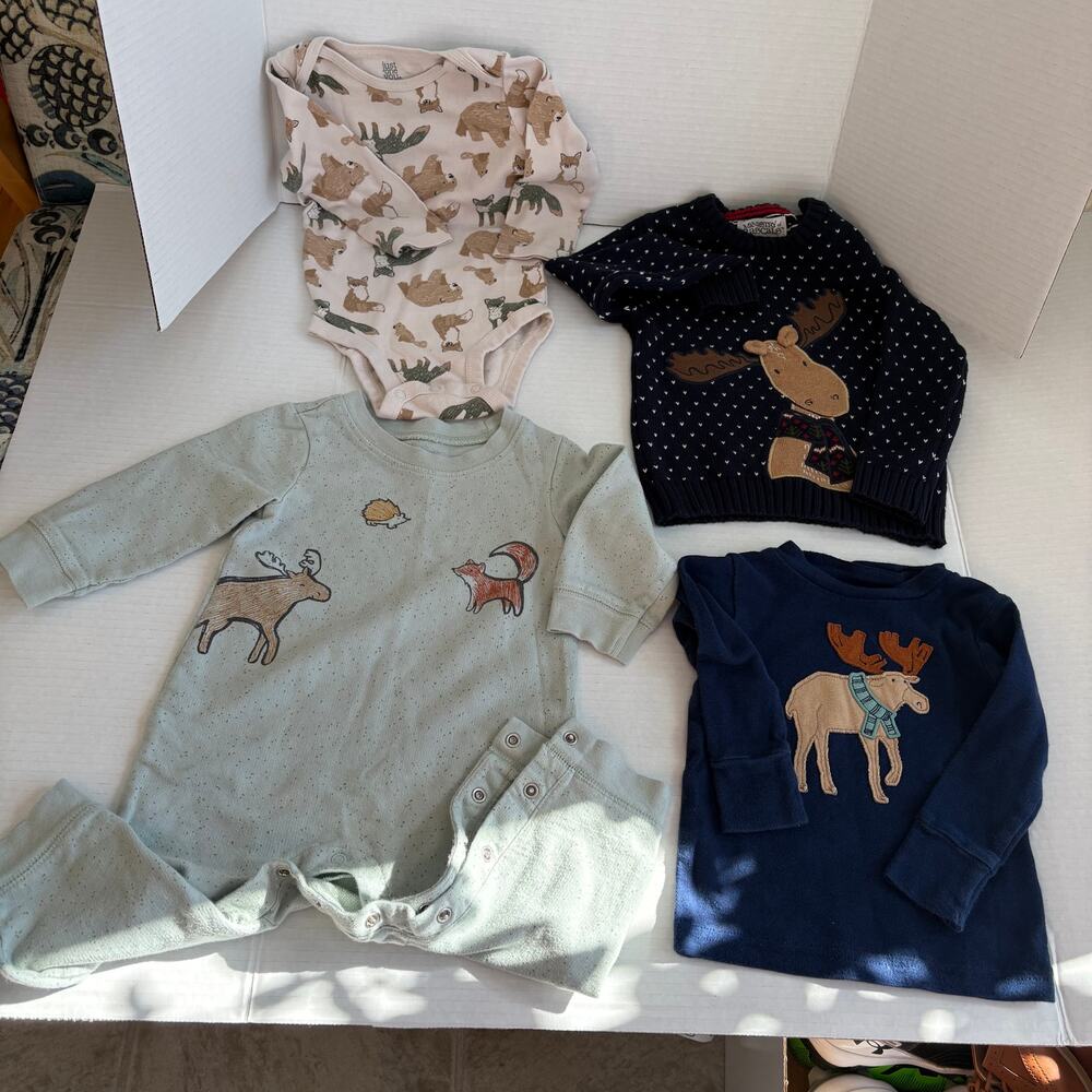 12 month Moose Themed Bundle Sweater top, pjs, one piece gender neutral - Picture 1 of 5